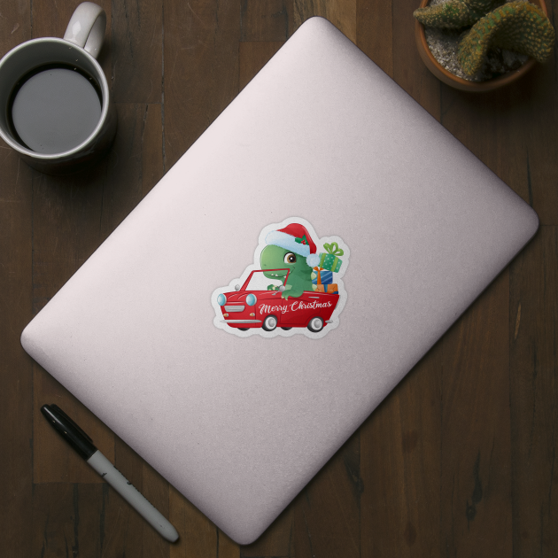 Cute Christmas T Rex Dinosaur In A Car Filled With Gifts by P-ashion Tee